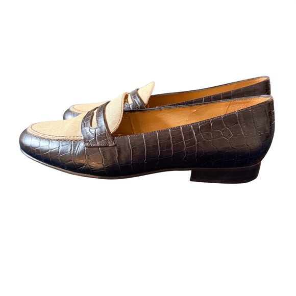 Lauren Ralph Lauren Brown Croc Embossed Leather Linen Penny Loafers 9B Brazil - Picture 5 of 9